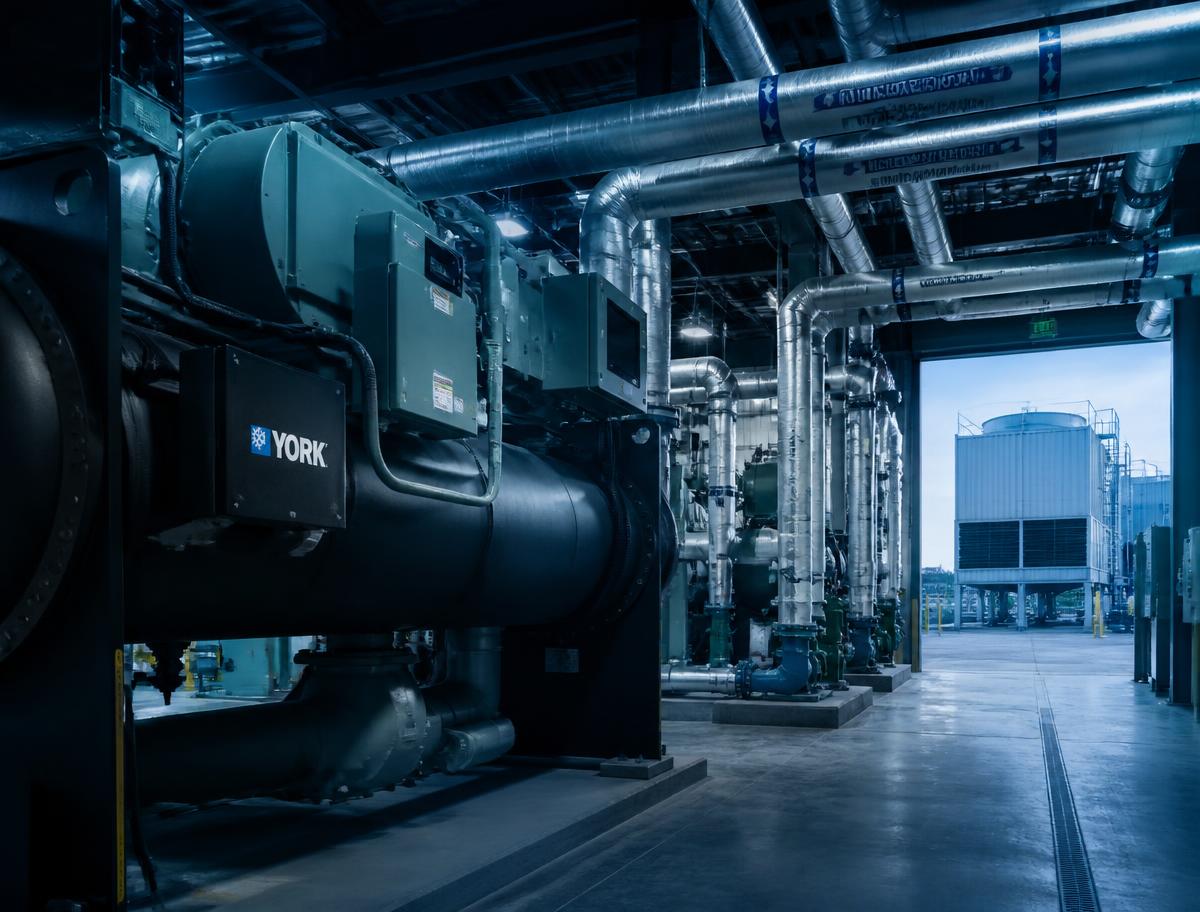 Central chiller plant with hydronic piping, pumps and an outdoor cooling tower